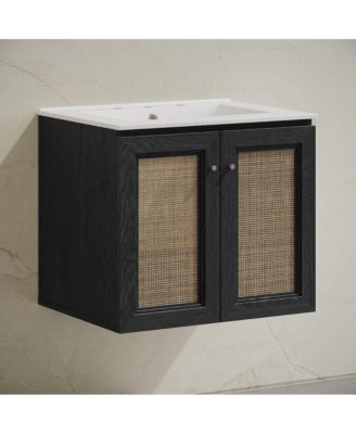 24" Wall-Mounted Bathroom Vanity, Black Oak, Widespread Faucet Holes Vanity Top