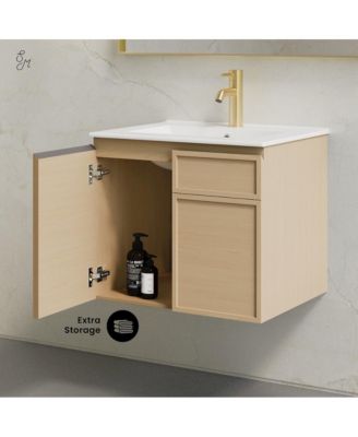 24" Natural Oak Ceramic Scratch-Resistant Wall-Mount Vanity with Soft-Close Doors & Sink Top