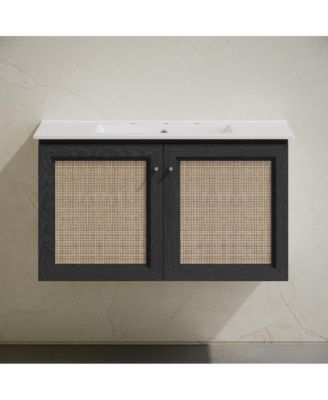 36" Black Oak Ceramic Scratch-Resistant Soft-Close Doors & Widespread Faucet Sink Top Wall-Mount Bathroom Vanity