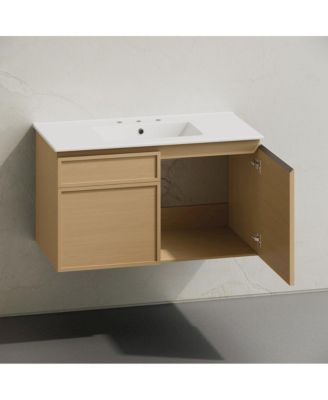 36" Wall-Mounted Bathroom Vanity in Natural Oak with 3-Hole Widespread Sink Top