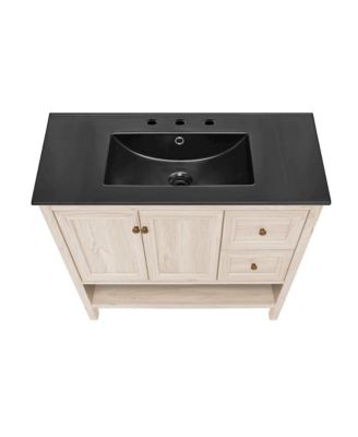 36" Freestanding Bathroom Vanity in White Oak, Black 3-Hole Widespread Sink Top