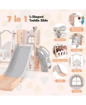 7-in-1 Toddler Swing and Slide Set L-shaped with Ladder and Basketball Hoop