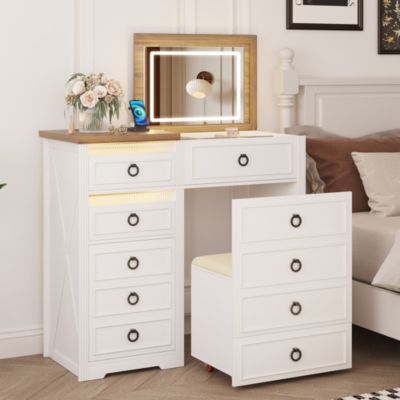 Vanity Desk with Mirror & Lights, Charging Station, Drawers & Chair