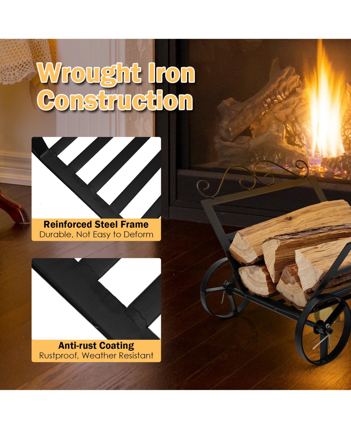 Firewood Rack Decorative Rustproof Steel Fireplace Log Holder with Wheels