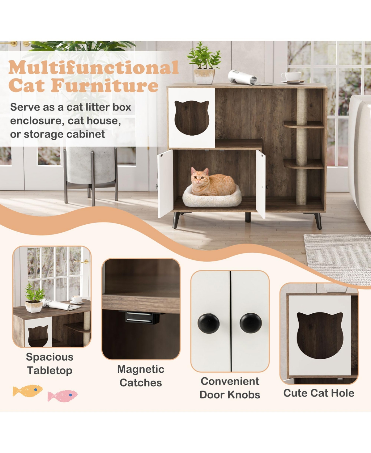 Gymax Cat Litter Box Enclosure 5-in-1 Enlarged Cat Litter Cabinet Furniture