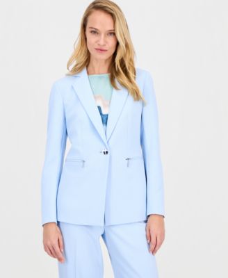 Anne Klein Womens Notch Collar One Button Jacket Printed Boat Neck Short Sleeve Top High Rise Wide Leg Pants In Blue