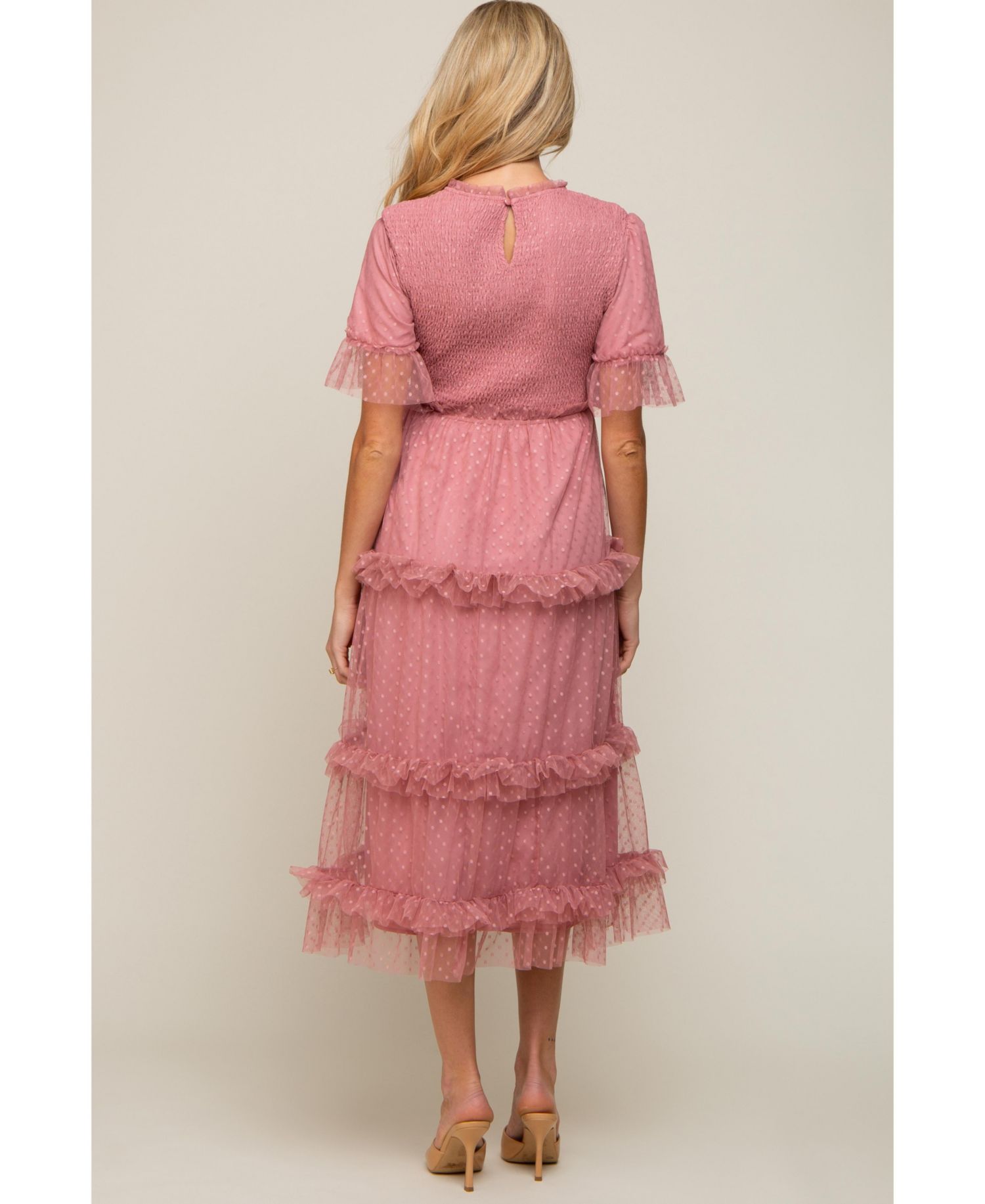 Women's Pink Polka Dot Tulle Smocked Midi Dress