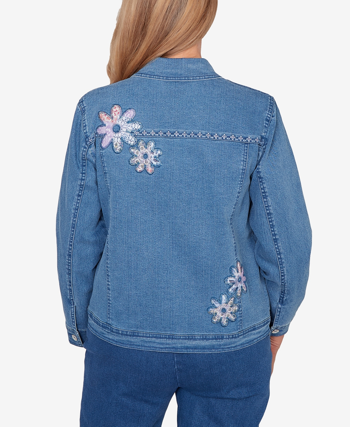 Alfred Dunner Petite Hilton Head Floral Applique Jacket In Blue