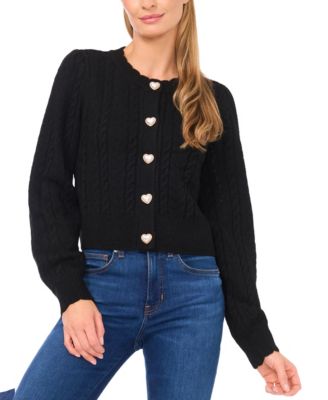 Women's Valentine's Crewneck Heart-Button Pointelle Cardigan Sweater