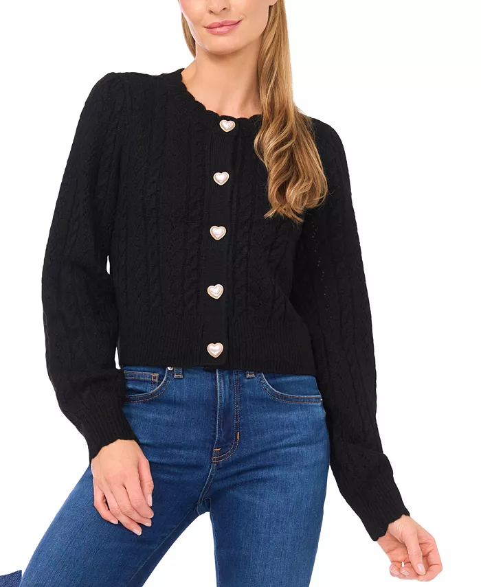 Women's Valentine's Crewneck Heart-Button Pointelle Cardigan Sweater - thumbnail 10