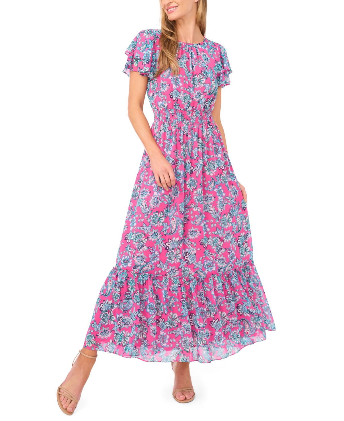 CeCe Women's Double Ruffle Short-Sleeve Maxi Dress