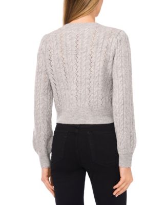 Women's Valentine's Crewneck Heart-Button Pointelle Cardigan Sweater