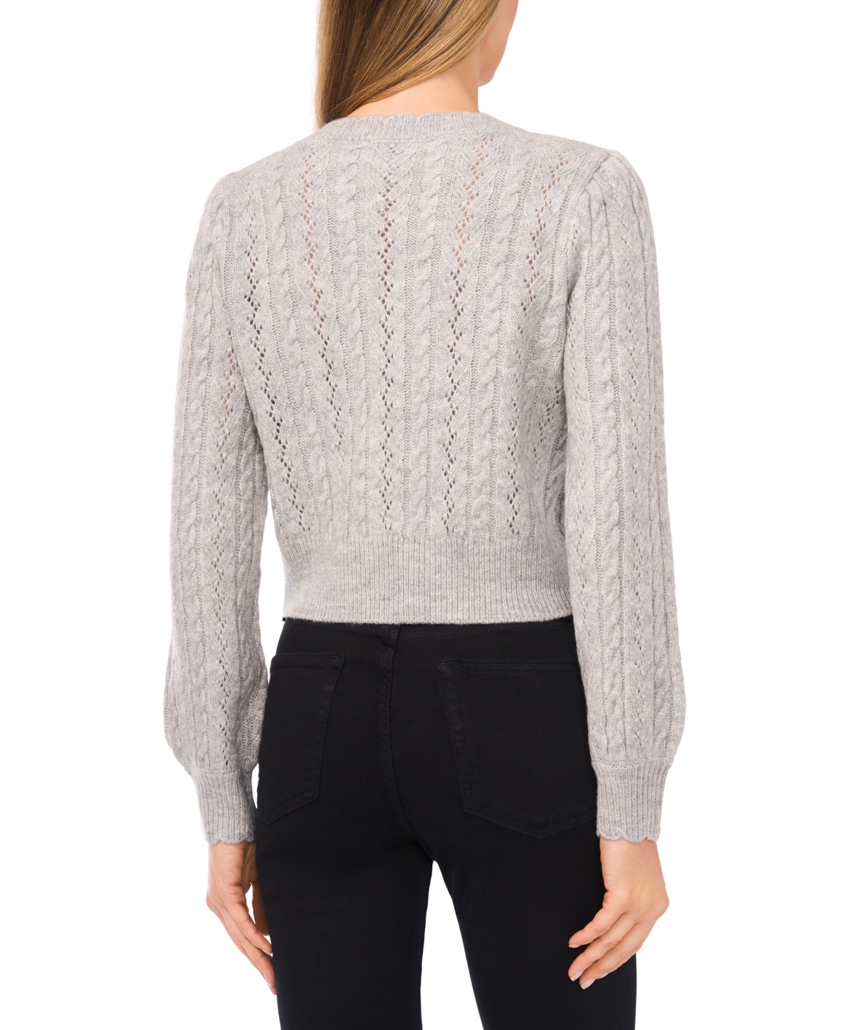 Cece Women's Crewneck Heart Button Pointelle Cardigan Sweater In Gray