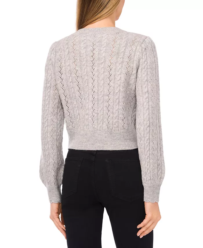 Women's Valentine's Crewneck Heart-Button Pointelle Cardigan Sweater - thumbnail 3