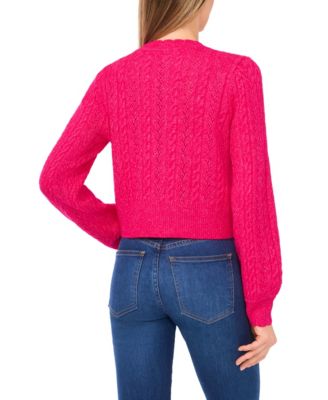 Women's Valentine's Crewneck Heart-Button Pointelle Cardigan Sweater