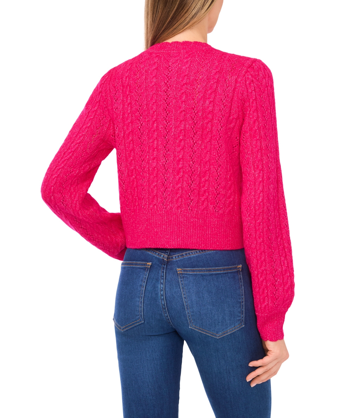 Cece Women's Crewneck Heart Button Pointelle Cardigan Sweater In Pink