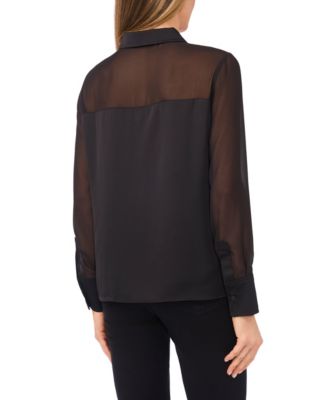 Women's Sheer Combo Button Down Long-Sleeve Top