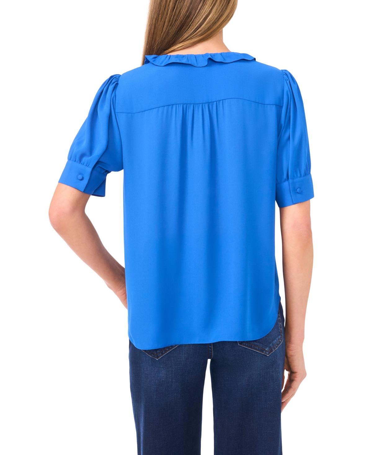 Cece Women's Puff Short-sleeve Button Down Ruffle Top In Blue
