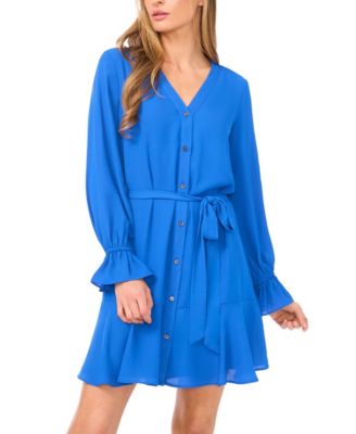 Women's V-Neck Long-Sleeve Tie Waist Dress