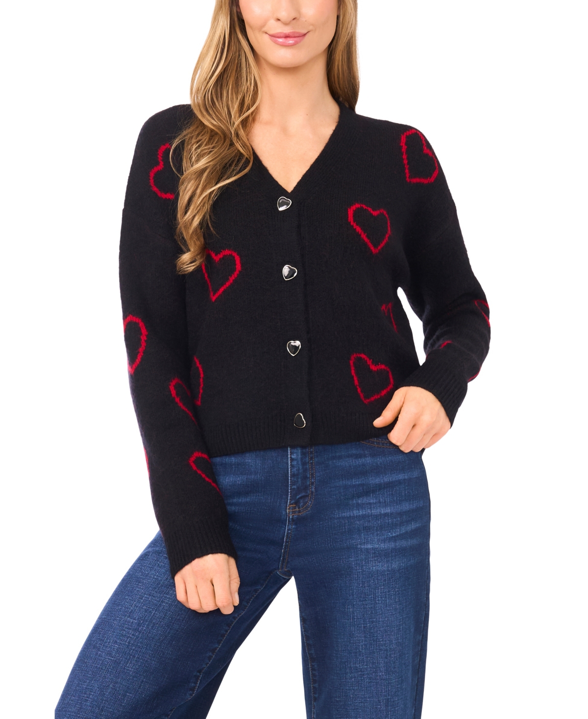 Cece Women's V-neck Heart Jacquard Cardigan Sweater In Black