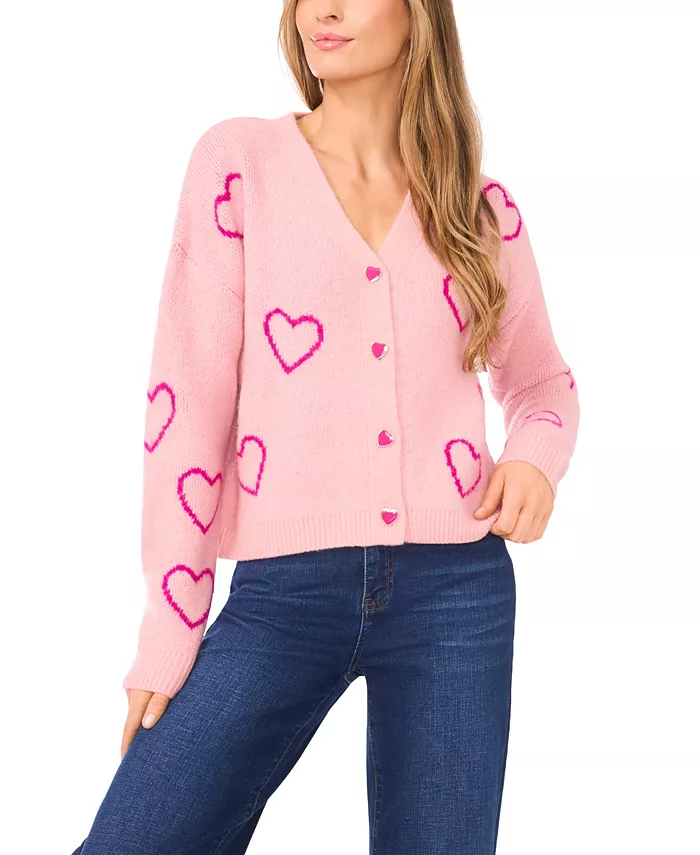 Women's Valentine's V-Neck Heart Jacquard Cardigan Sweater