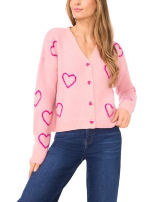 CeCe Women's Valentine's V-Neck Heart Jacquard Cardigan Sweater