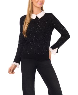 CeCe - Women's Imitation Pearl Collar Crewneck Polka Dot Sweater