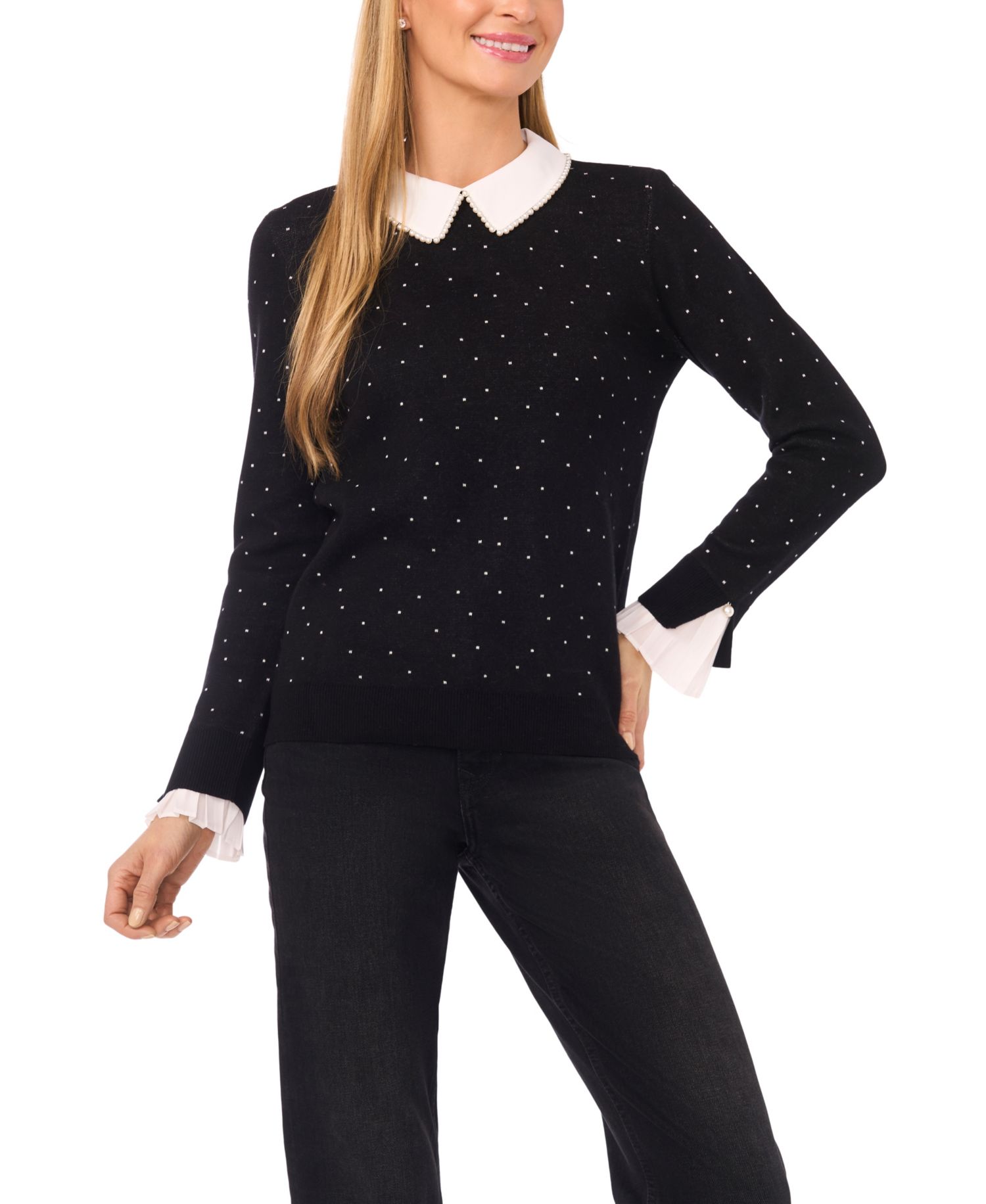 Women's Imitation Pearl Collar Crewneck Polka Dot Sweater