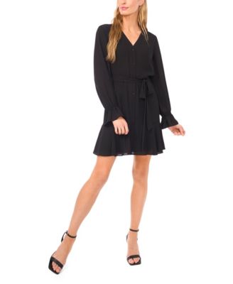 Women's V-Neck Long-Sleeve Tie Waist Dress