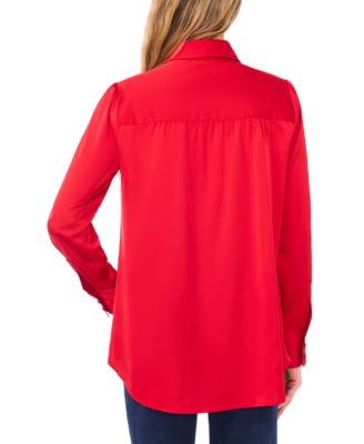 Women's Long-Sleeve Button Down Shirred Collared Top with Bow