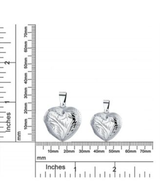 Simple Plain Keepsake Domed Puff carved Leaf Heart Shaped Photo Locket Holds Photos Pictures Silver Necklace Pendant Large