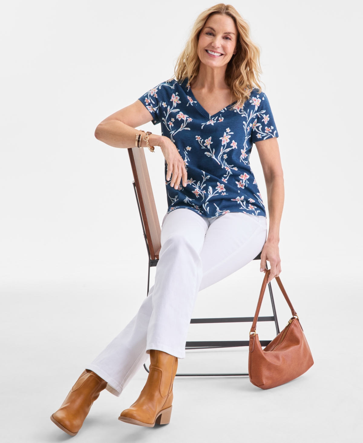 Style & Co . Women's Printed Short-sleeve V-neck T-shirt, Macy's Exclusive In Blue