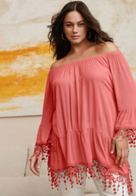 Women's Plus Size Crochet Fringe Trim Tunic
