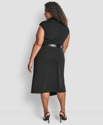 Plus Size Sleeveless Funnel Neck Belted Midi Dress