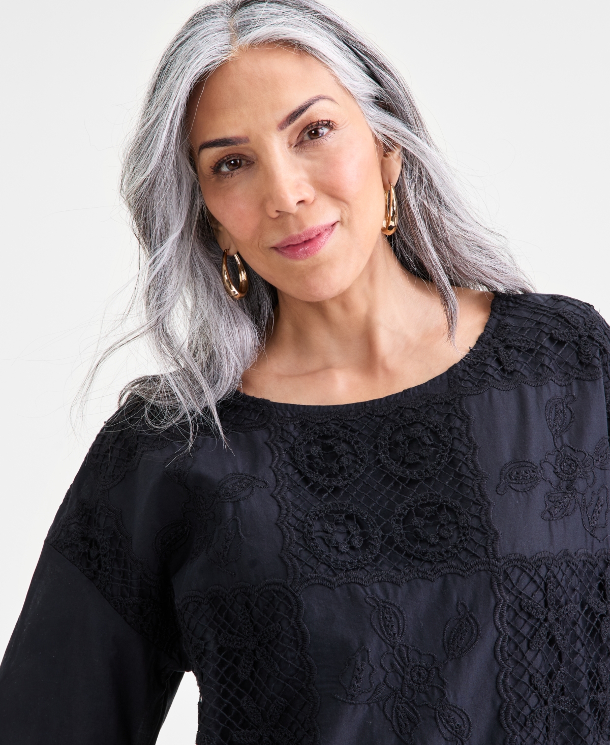 Style & Co . Women's Crochet Patchwork Top, Macy's Exclusive In Black