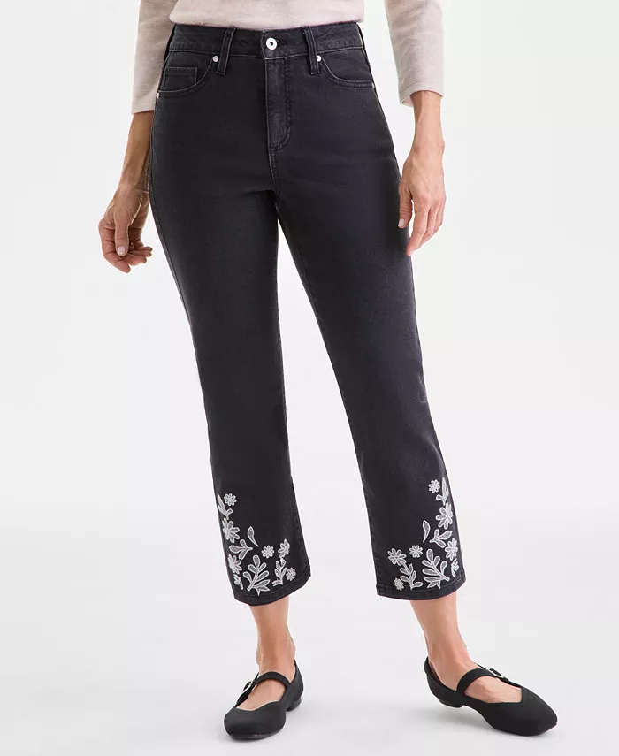 Women's Embroidered Cropped High-Rise Straight-Leg Jeans - thumbnail 3