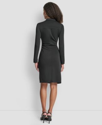 Women's Long Sleeve Asymmetrical Knot Button Front Sheath Dress
