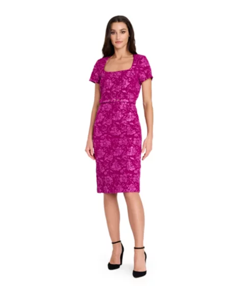 Petite Puff Jacquard Cap Sleeve Dress - Magenta