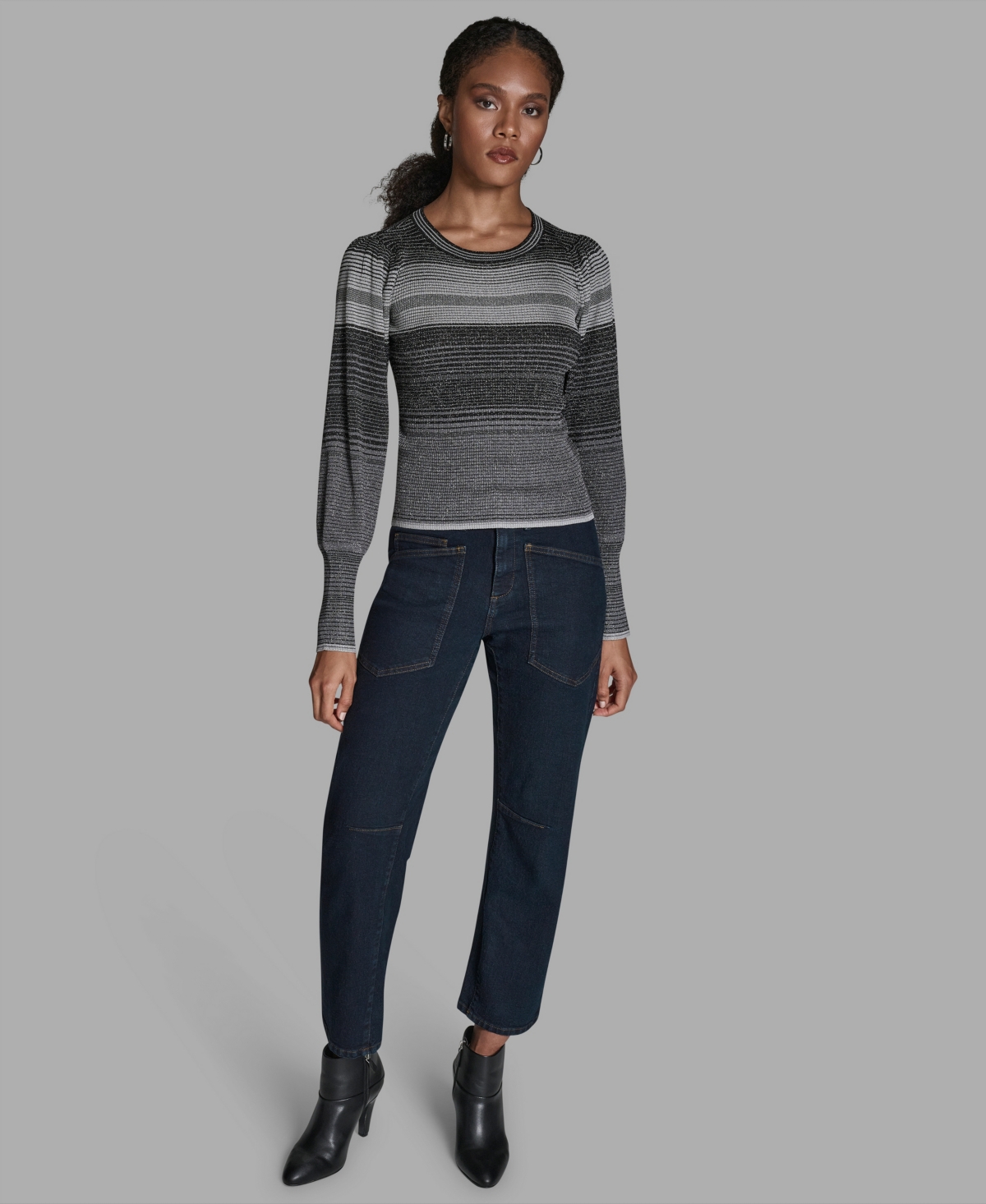 Bcbg Women's Wide Cuff Balloon-sleeve Crewneck Sweater In Gray