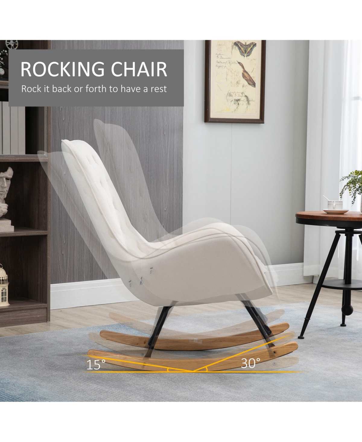 Homcom Traditional Rocking Armchair w/Tufted Back, & Thick Padding, Cream White