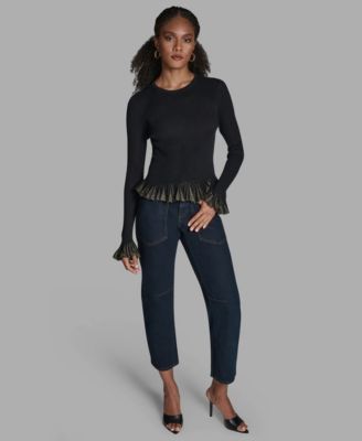 Women's Long-Sleeve Foil Ruffle Hem Sweater