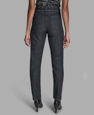 Women's Grommet Straight Leg Mid Rise Jeans