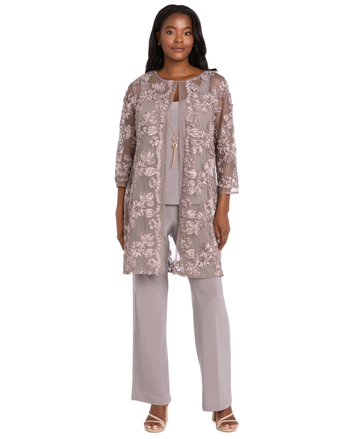 R & M Richards Women's Soutache Long Jacket, Necklace Top & Pants Set In Multi