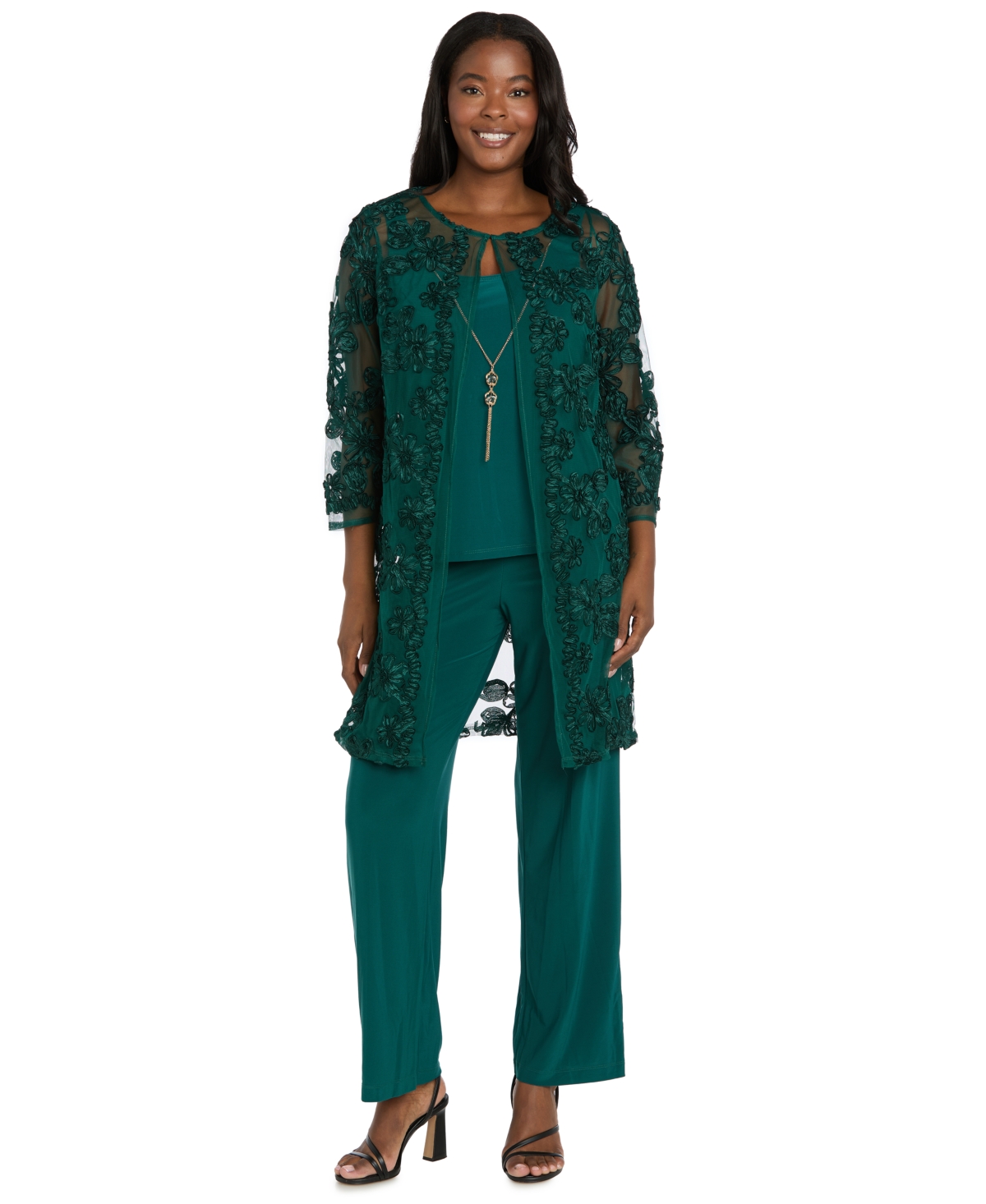 R & M Richards Women's Soutache Long Jacket, Necklace Top & Pants Set In Green