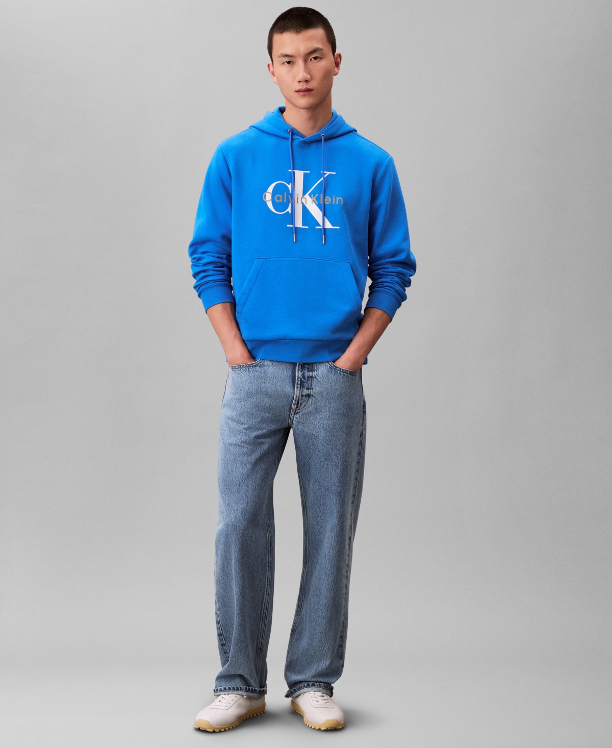 Calvin Klein Men's Monogram Logo Fleece Hoodie In Blue