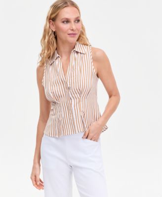 Women's Striped Linen Blend Sleeveless Collared Shirt, Macy's Exclusive 