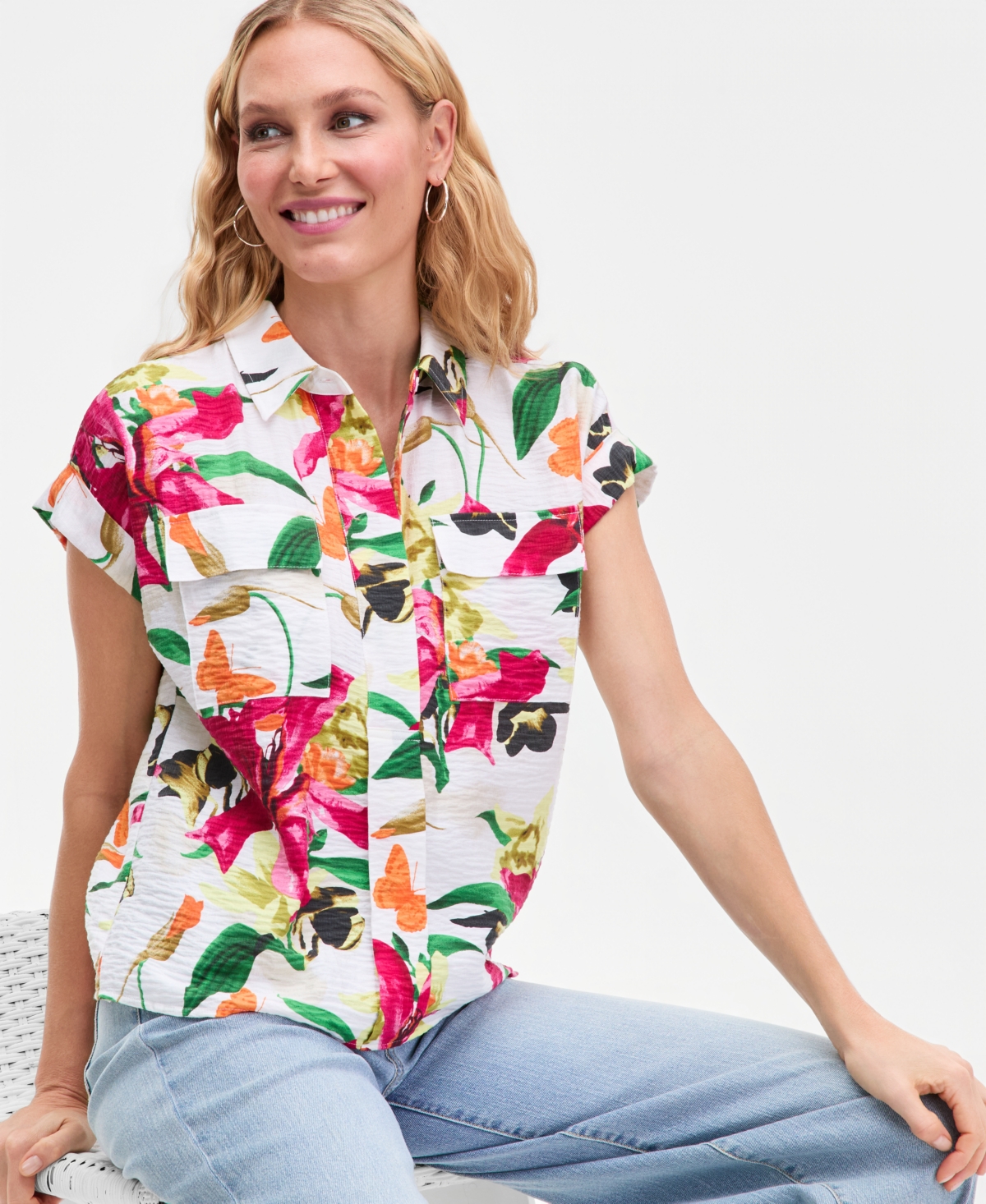 I.n.c. International Concepts Women's Printed Pocket-Front Short-Sleeve Top, Macy's Exclusive
