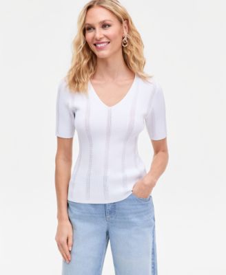 Women's Short-Sleeve V-Neck Pointelle Rib Knit Sweater, Macy's Exclusive