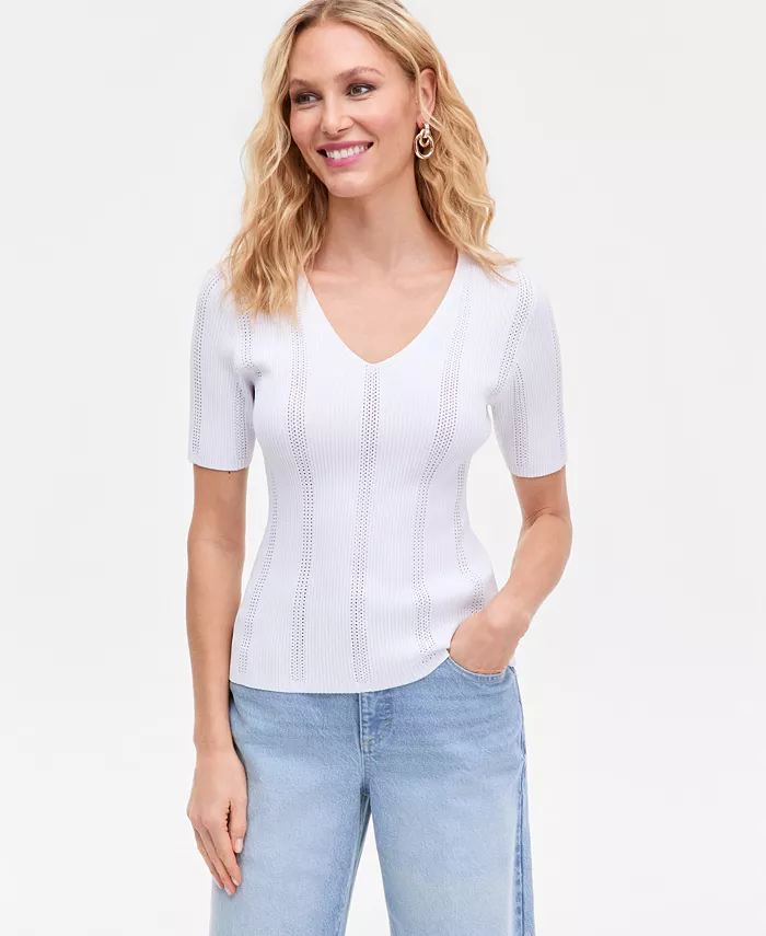 Women's Short-Sleeve V-Neck Pointelle Rib Knit Sweater - thumbnail 5