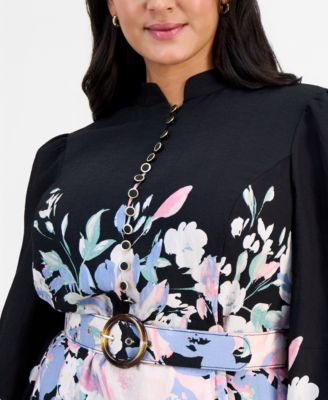 Plus Size Belted Floral Print Fit & Flare Dress
